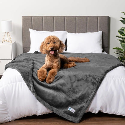 Waterproof Dog Blanket for Couch, Queen 90X90, Pee Proof Sherpa Fleece Reversible Pet Throw, Furniture Protector for Bed Sofa, Soft Washable Cover for Large Dogs Cats, Grey Sherpa